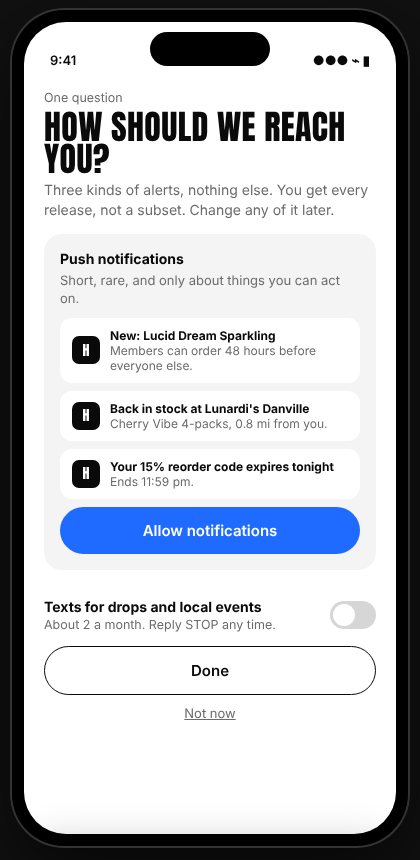 Prototype screen asking how should we reach you, with three example notifications before the permission request