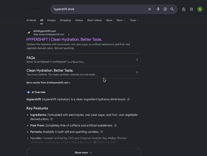 Google results for hypershift drink showing drinkhypershift.com first with sitelinks and an AI Overview